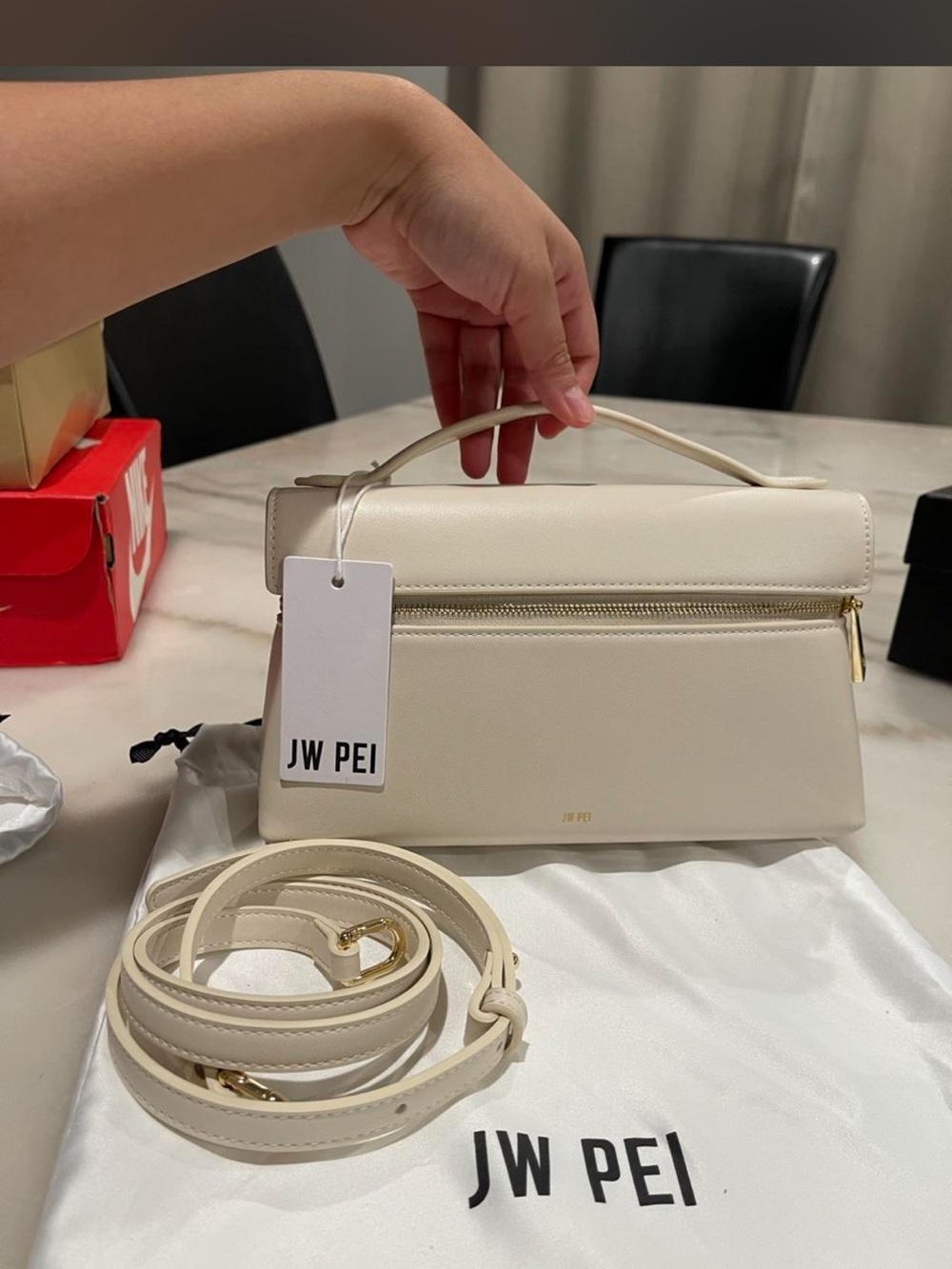 JW PEI Cream Structured Top-Handle Satchel with Detachable Strap